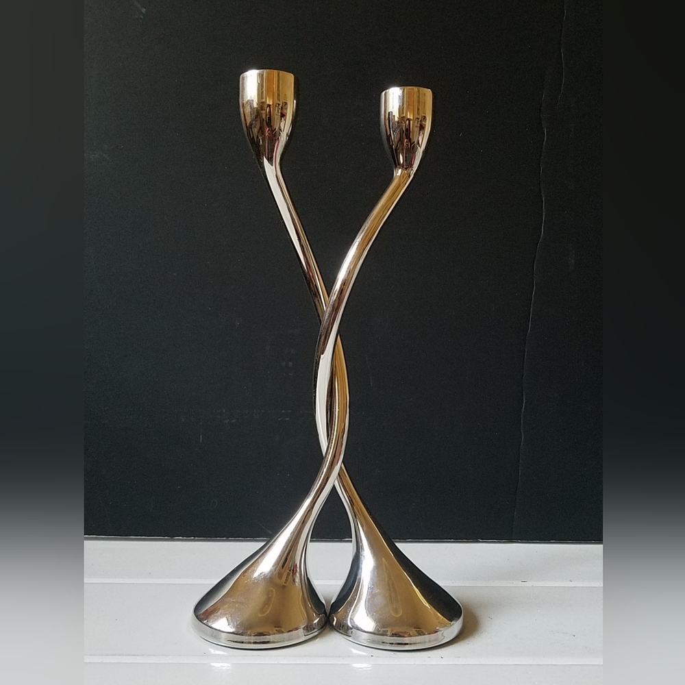 RED ENVELOPE Polished Chrome Nickel Finish Modernist Candle Stick Holder, Pair